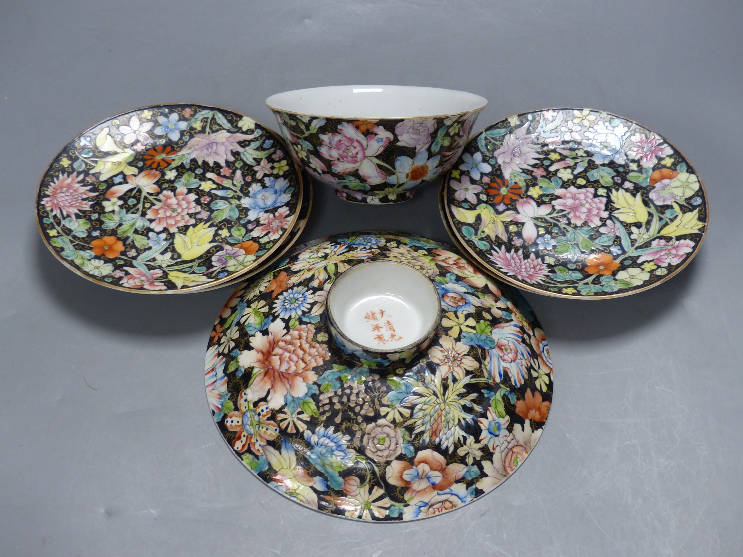 A Chinese millefleur bowl, rice bowl, cover and four plates, Guangxu mark, early 20th century